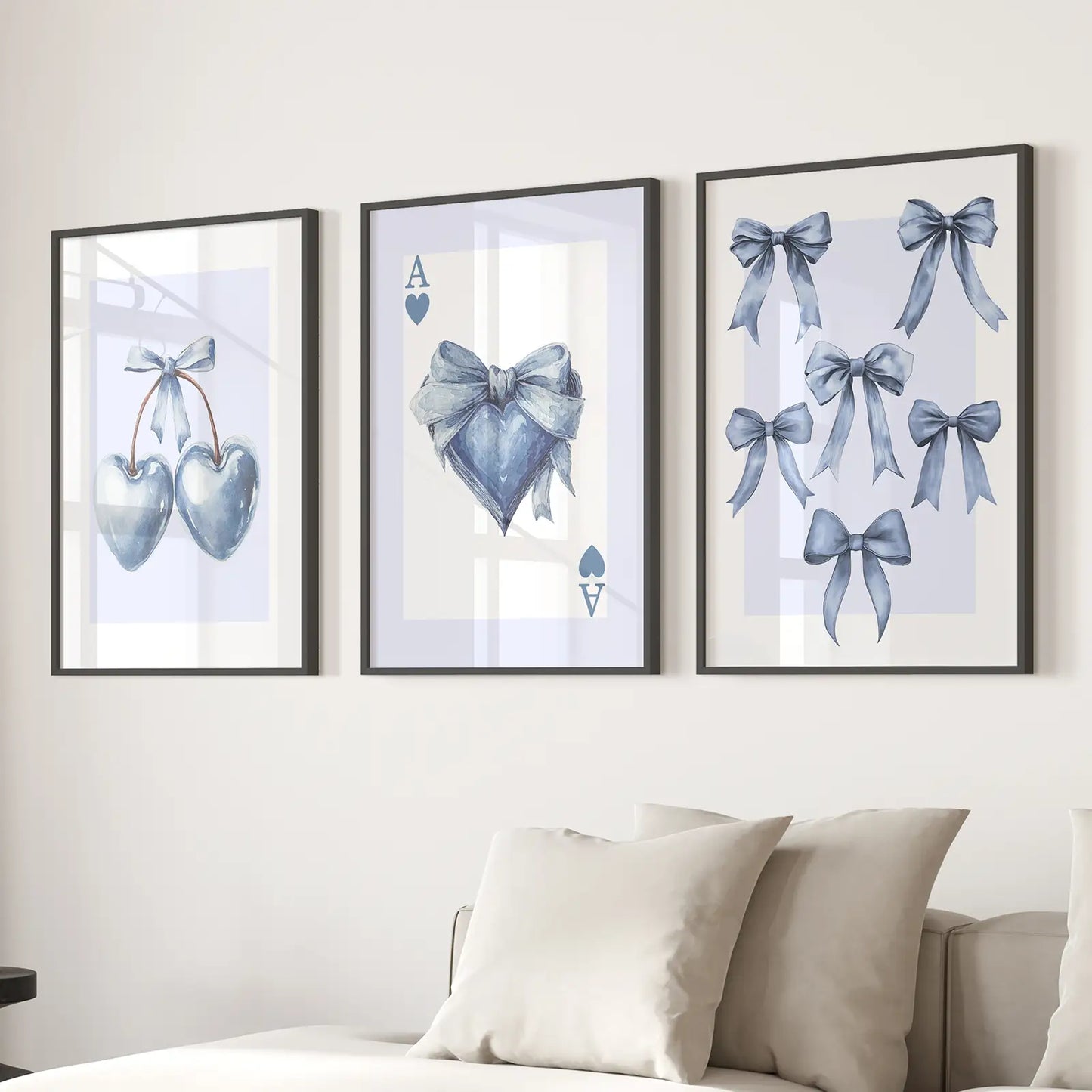 Blue Coquette Bows Wall Art Set of 3 Prints Decor