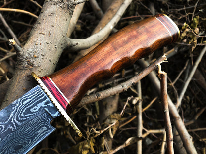 Real Bowie Knife for Sale – Custom Handmade Damascus Steel Blade with Walnut Wood Handle, Brass Guard & Leather Sheath | 14-Inch Hunting Knife – KBS Knives