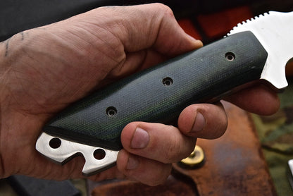 Combat Bushcraft Survival Camping Knife - Custom Handcrafted D2 Mirror Polished Steel Blade, Micarta G10 Handle, 13.5" Overall Length | Leather Sheath | KBS Knives