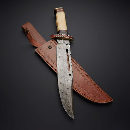 Rambo First Blood Knife - Custom Handmade Damascus Bowie with Rose Wood and Bone Handle