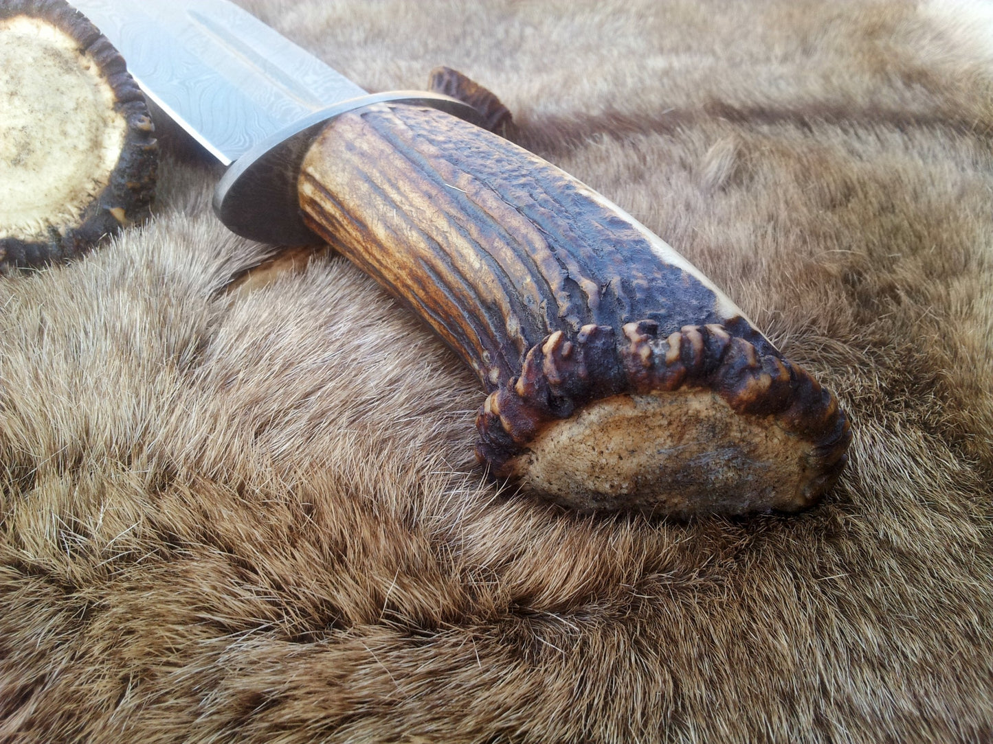 Vintage Bowie Knife with Custom Handcrafted Damascus Steel Blade & Stag Horn Handle - 14 Inches