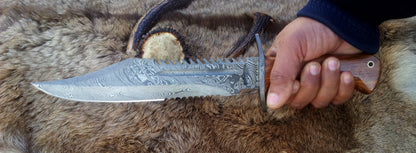 Ranger Survival Bowie Knife with Custom Handcrafted Damascus Steel Blade & Rosewood Handle - 15 Inches
