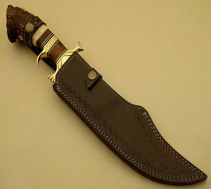 Custom Handcrafted Bowie Knife - Damascus Steel Blade, Rosewood Handle with Brass Double Guard & Stag Crown, 15" Overall Length | Leather Sheath | KBS Knives