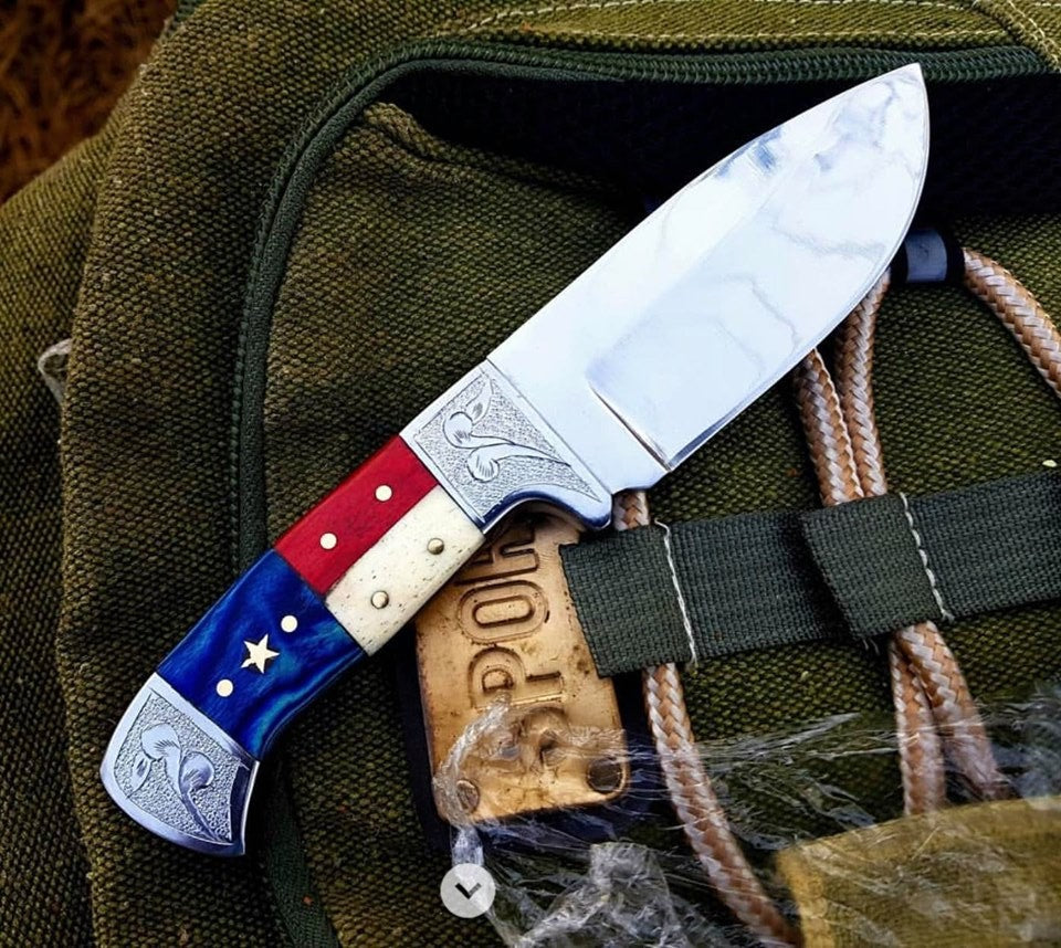 Custom Hand Engraved D2 Steel Texas Hunting Skinning Knife - 8.5 Inch Bone & Exotic Wood Handle - Premium Quality by KBS Knives