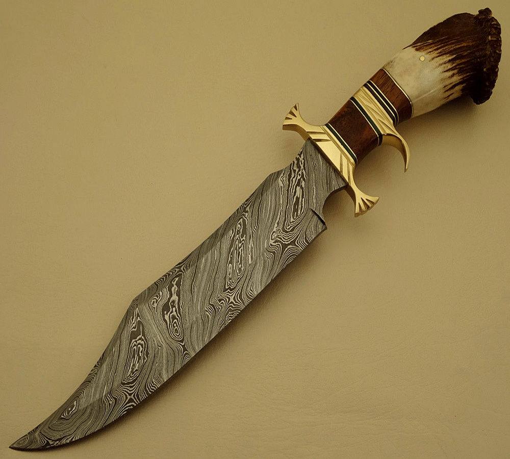 Custom Handcrafted Bowie Knife - Damascus Steel Blade, Rosewood Handle with Brass Double Guard & Stag Crown, 15" Overall Length | Leather Sheath | KBS Knives