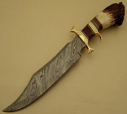 Custom Handcrafted Bowie Knife - Damascus Steel Blade, Rosewood Handle with Brass Double Guard & Stag Crown, 15" Overall Length | Leather Sheath | KBS Knives