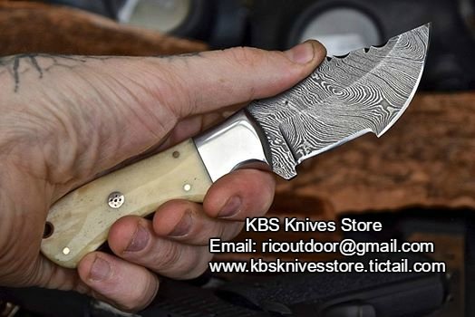 Custom Handcrafted Damascus Steel EDC Tracker Knife - 7" Full Tang Bone Handle with Steel Bolster & Horizontal Leather Sheath | Ideal for Survival, Camping, and Tactical Use | KBS Knives