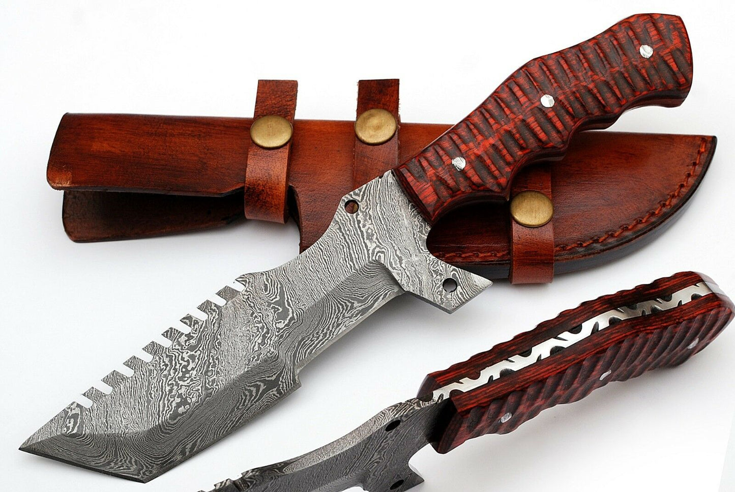 Custom Handcrafted Damascus Steel Tanto Tracker Knife - 11.5" Exotic Color Wood Handle with Horizontal Leather Sheath | Survival, Camping, Tactical | KBS Knives
