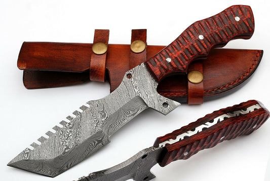 Custom Handcrafted Damascus Steel Tanto Tracker Knife - 11.5" Exotic Color Wood Handle with Horizontal Leather Sheath | Survival, Camping, Tactical | KBS Knives