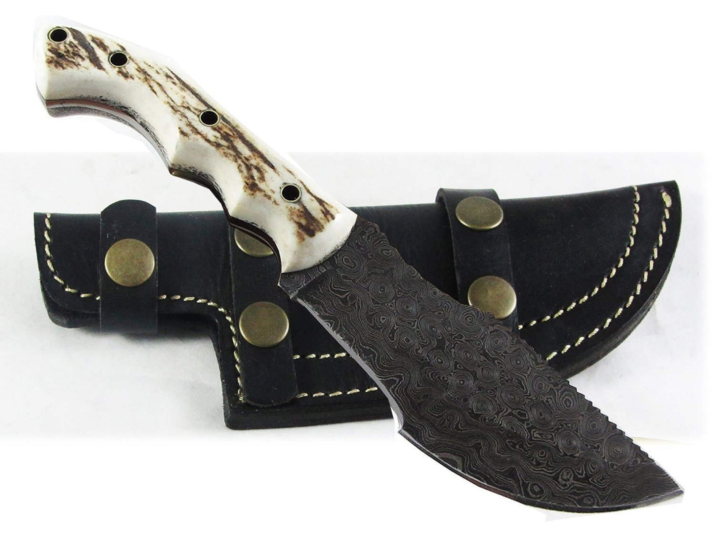 Custom Handcrafted Damascus Steel Tom Brown Tracker Knife - 10" Antler Horn Handle with Horizontal Leather Sheath | Survival, Tactical, Combat | KBS Knives