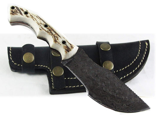 Custom Handcrafted Damascus Steel Tom Brown Tracker Knife - 10" Antler Horn Handle with Horizontal Leather Sheath | Survival, Tactical, Combat | KBS Knives