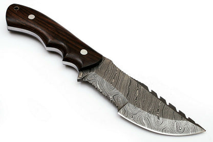 Custom Handcrafted Damascus Steel Tom Brown Tracker Knife - 10" Rosewood Handle with Horizontal Leather Sheath | Survival, Camping, Tactical | KBS Knives