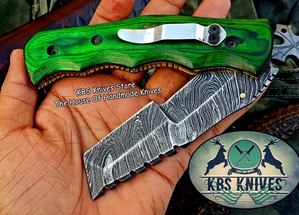 Custom Handcrafted Damascus Steel Tops Tanto Tactical Tracker Folding Knife - Ideal for Survival, Camping & Tactical Use | KBS Knives