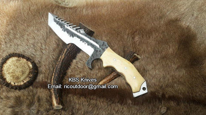 Custom Handmade 1095 Steel Tanto Blade Tracker Knife - Full Tang Bone Handle, 10.5" Overall with Horizontal Leather Sheath | Ideal for Survival & Camping | KBS Knives