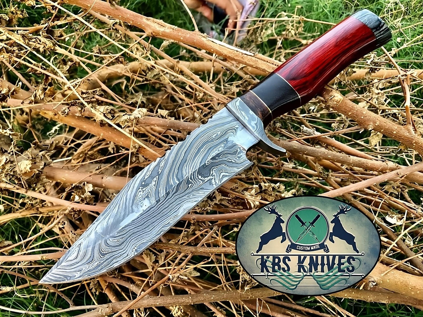 Custom Handmade Original Bowie Knife with Damascus Steel Blade and Colored Wood Handle - 12.5 Inches