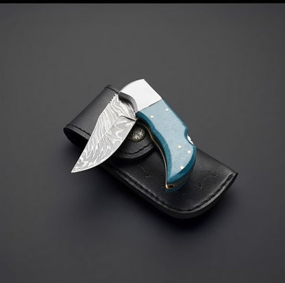 Damascus Knives for Sale | Custom Handmade Damascus Steel Pocket Knife with Turquoise Epoxy Handle | 2.5-Inch Blade by KBS Knives