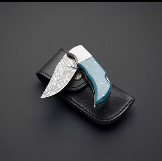 Damascus Knives for Sale | Custom Handmade Damascus Steel Pocket Knife with Turquoise Epoxy Handle | 2.5-Inch Blade by KBS Knives