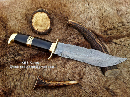 Custom Handmade Hunting Bowie Knife with Damascus Steel Blade & Buffalo Horn Handle - 13 Inches