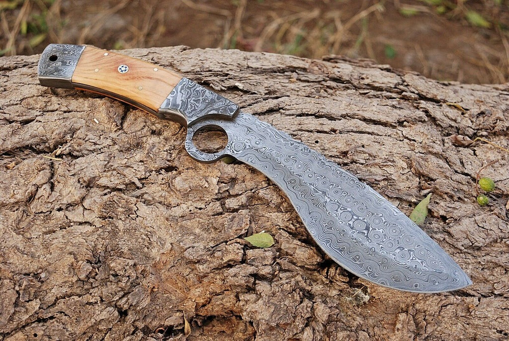 Bushcraft Kukri Knife Damascus 12" Olivewood Handle