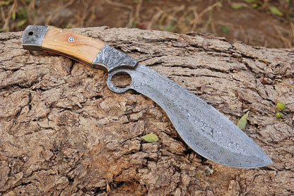 Bushcraft Kukri Knife Damascus 12" Olivewood Handle
