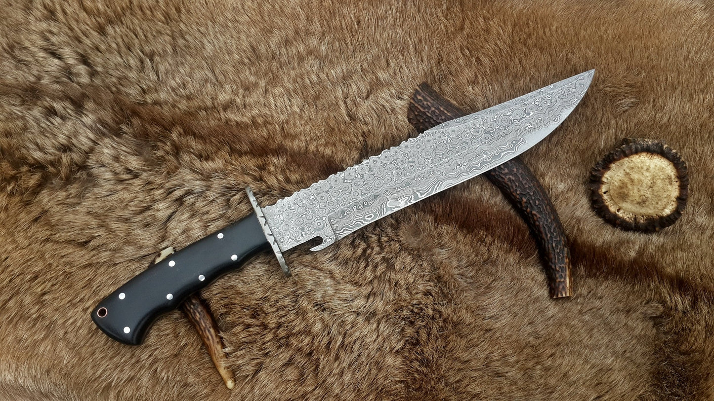 Custom Handmade Wild Pig Hunter Bowie Knife with Raindrops Damascus Steel Blade and Black Micarta Handle - 16 Inches