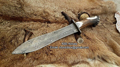 Double Edge Hunter Big Bowie Knife - Custom Handcrafted Damascus Steel Blade, Stag Horn Crown Handle with Damascus Guard, 17.5" Overall Length | Leather Sheath | KBS Knives