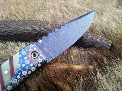 Everyday Carry Damascus Steel Folding Pocket Knife with Laser Engraved Bone Handle