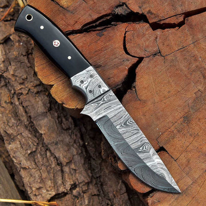 Ridgeback Ranger-Custom Handcrafted Damascus Steel Hunting Knife with Buffalo Horn Handle and Damascus Bolster