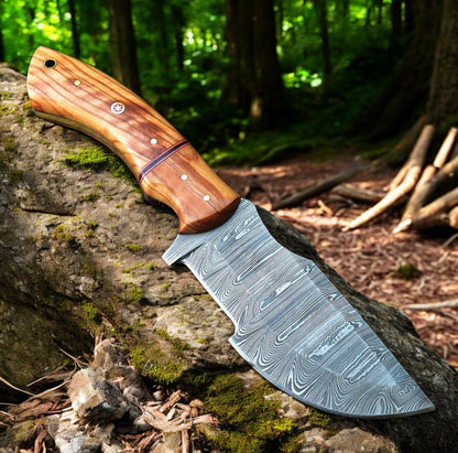 Handmade Tom Brown Tracker Knife with Damascus Steel Blade & Olivewood Handle – 10" Overall Length