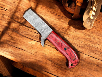 Premium Damascus Steel Bull Cutter Knife - 7" Exotic Redwood Handle with Western Sheath
