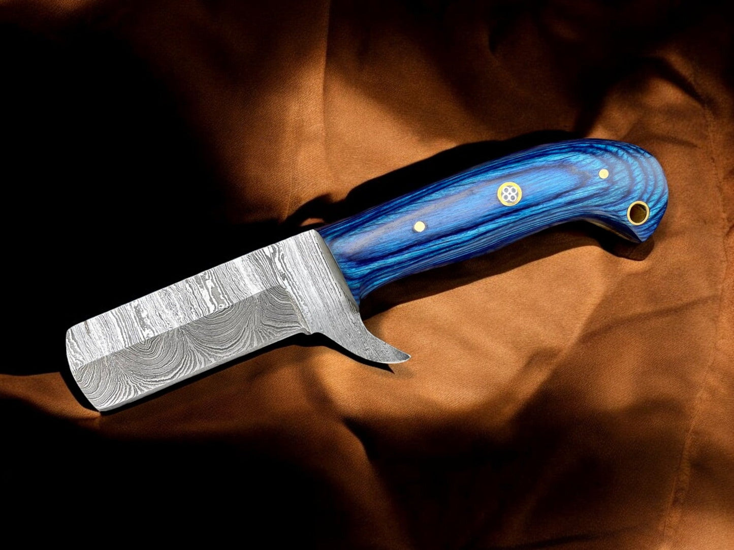 Premium Damascus Bull Cutter Knife - 7" Hand Forged Steel with Exotic Blue Wood Handle
