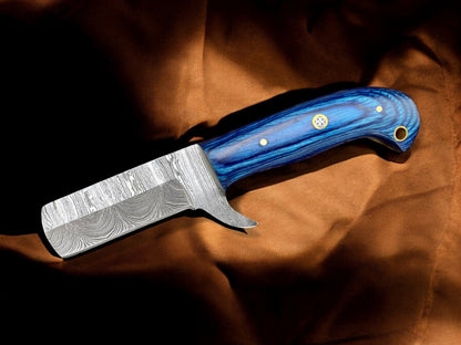 Premium Damascus Bull Cutter Knife - 7" Hand Forged Steel with Exotic Blue Wood Handle