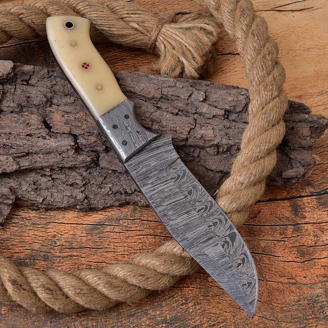 Whitetail Warrior - Custom Handcrafted Damascus Steel Deer Hunting Knife with Bone Handle and Damascus Bolster
