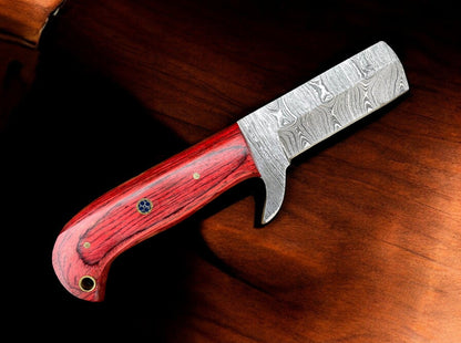 Premium Damascus Steel Bull Cutter Knife - 7" Exotic Redwood Handle with Western Sheath