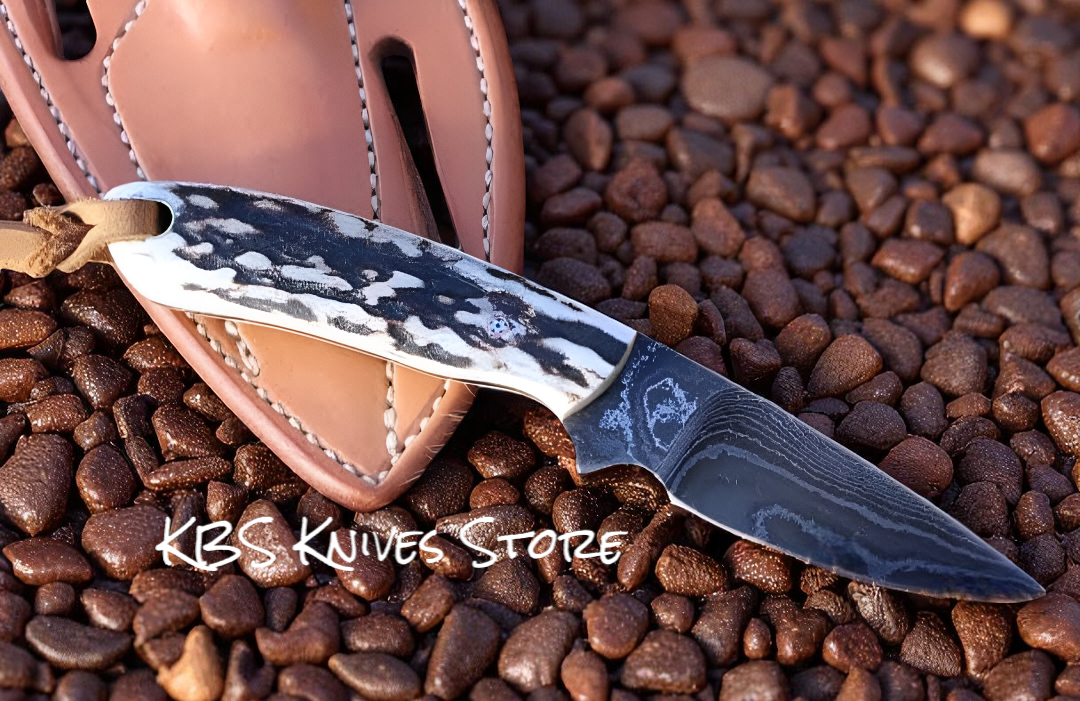 Damascus Belt Knife 7.5" with Antler Horn Handle