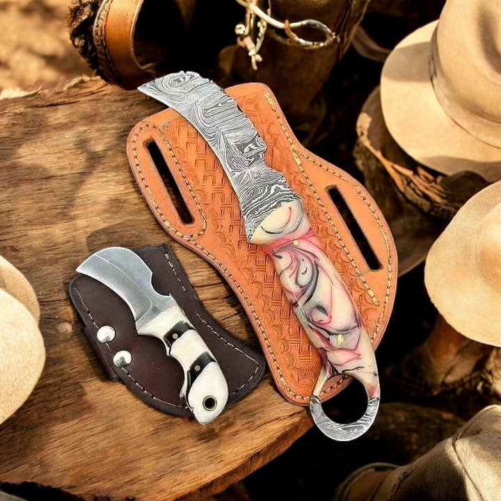 Cowboy Bull Cutter Knife – 8.5" Damascus with Finger Hole & Bonus Knife