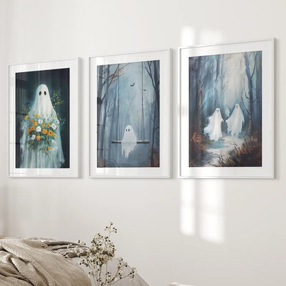 Cute Ghosts Halloween Art Print Gothic Decor Set