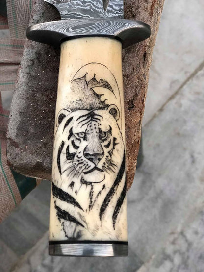 Hand Engraved Hunting Bowie Knife - Custom Handcrafted Damascus Steel Blade, Hand Engraved Bone Handle, Damascus Guard, 12" Overall Length | Leather Sheath | Personalized Engraving Available | KBS Knives