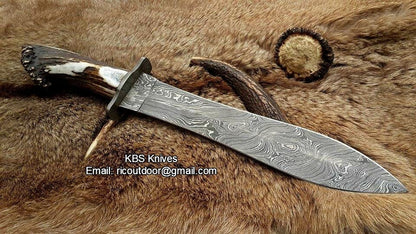 Double Edge Hunter Big Bowie Knife - Custom Handcrafted Damascus Steel Blade, Stag Horn Crown Handle with Damascus Guard, 17.5" Overall Length | Leather Sheath | KBS Knives