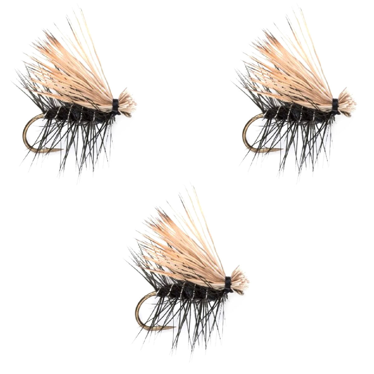 3 Pack Black Elk Hair Caddis Classic Trout Dry Flies Size 10