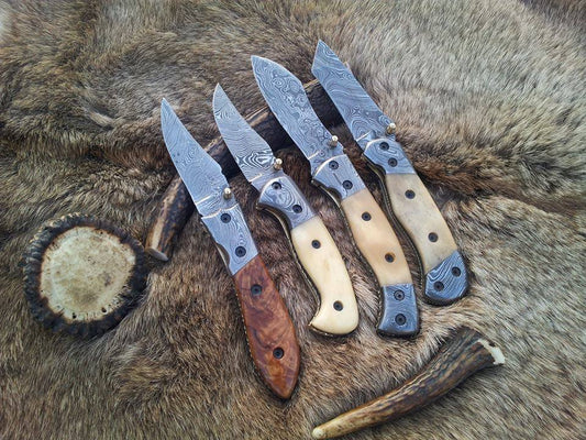Everyday Carry Deal of 3 Damascus Steel Folding Pocket Knives with Bone and Burl Olivewood Handles – The Trio Edge