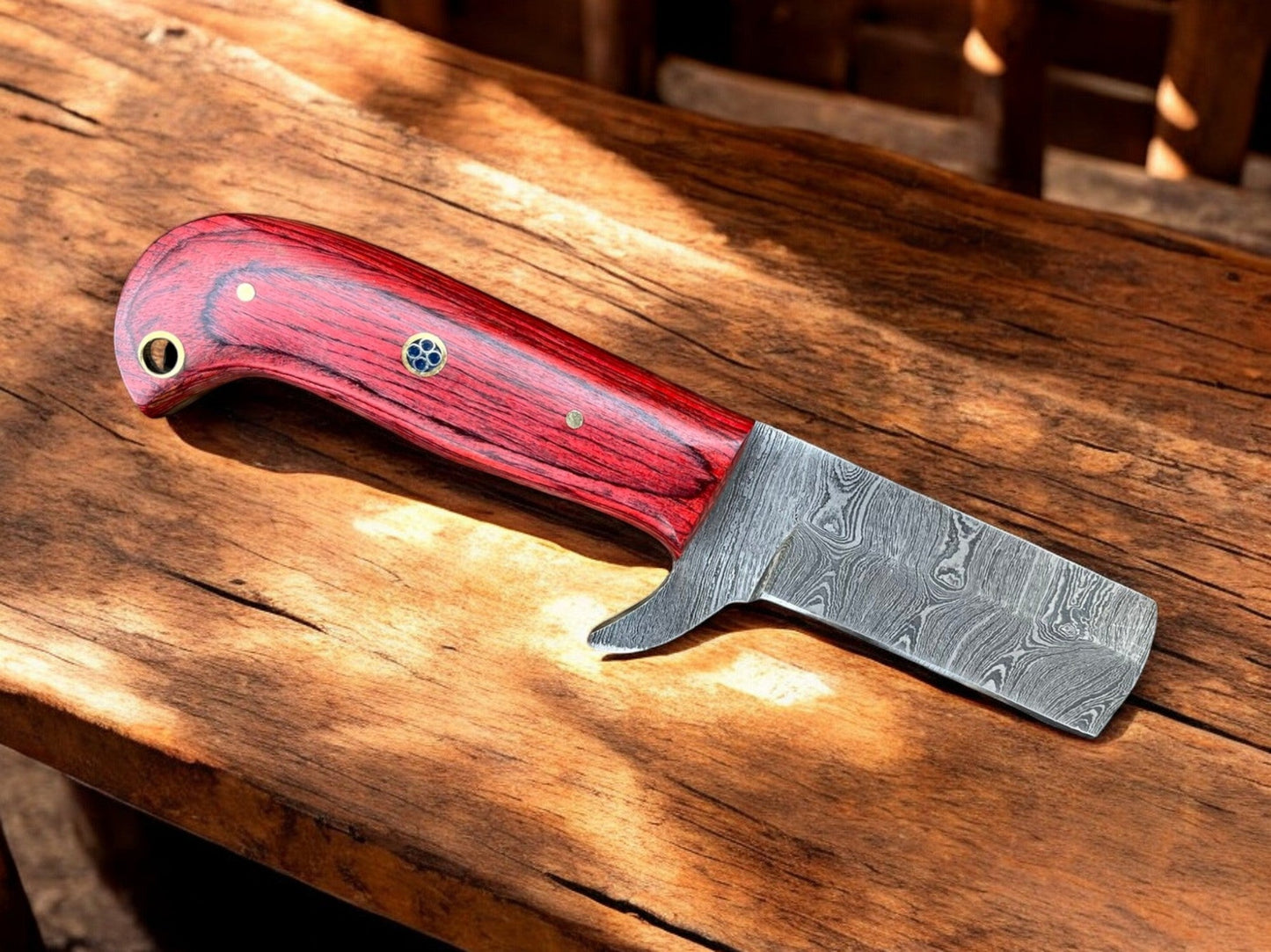 Premium Damascus Steel Bull Cutter Knife - 7" Exotic Redwood Handle with Western Sheath