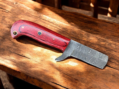 Premium Damascus Steel Bull Cutter Knife - 7" Exotic Redwood Handle with Western Sheath