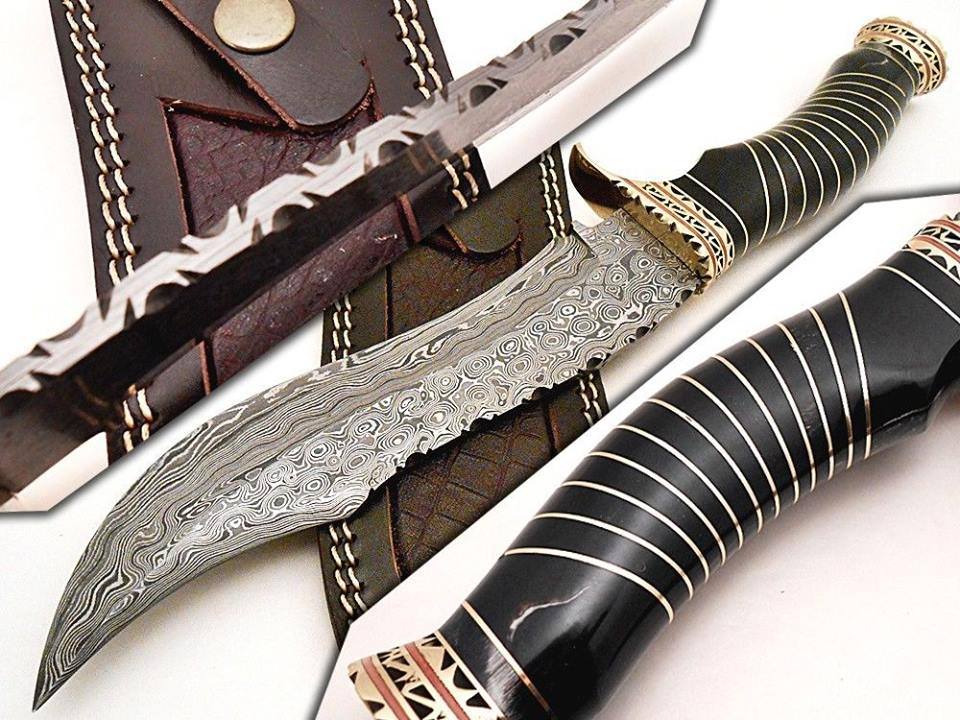 Fancy Bowie Knife - Custom Handcrafted Damascus Steel Blade, Natural Buffalo Horn Handle with Brass Guard and Spacers, 15" Overall Length | Leather Sheath | KBS Knives