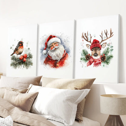 Christmas Print Set of 3: Santa, Reindeer, Holiday Wall Art