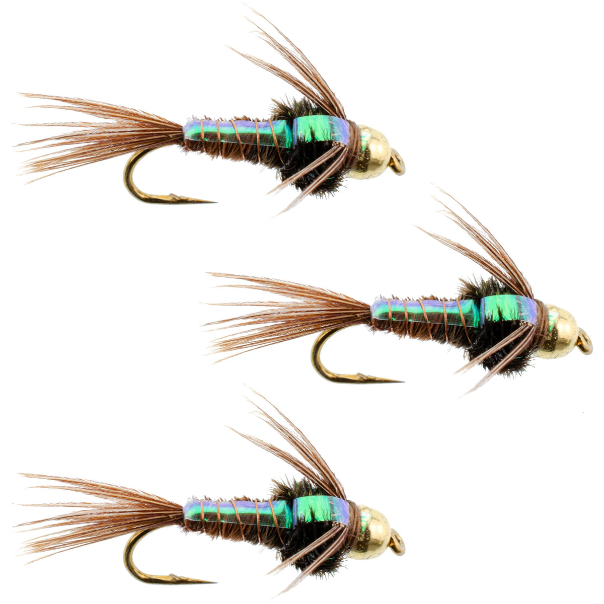 3 Pack Tungsten Bead Head Flash Back Pheasant Tail Nymph Size 12