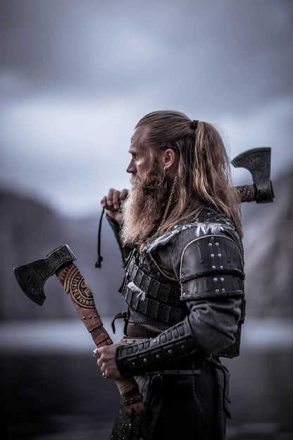 Norse Axe with Custom Handmade Forged 1095 Steel Blade and Hand Engraved Ash Wood Handle – Odin’s Edge