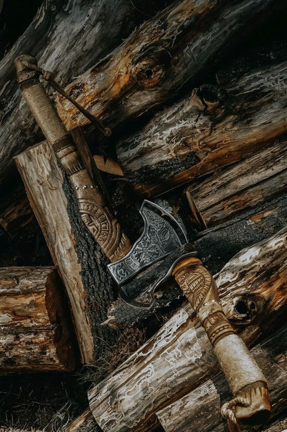 Battle Axe with Custom Handmade Forged Engraved 1095 Steel Blade and Ash Wood Handle – Warlord's Edge