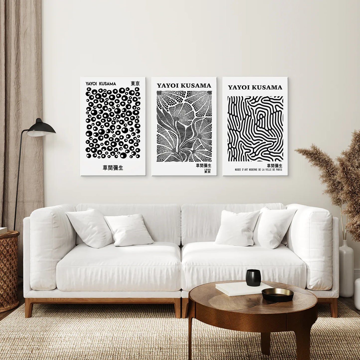 Black White set of 3 Piece Abstract Kusama Art