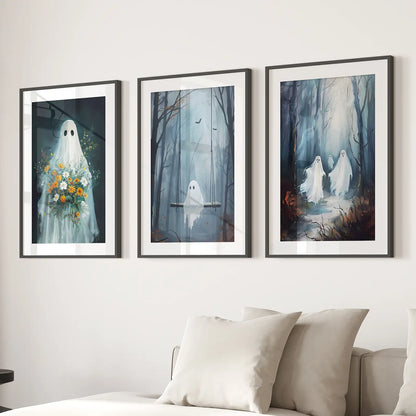 Cute Ghosts Halloween Art Print Gothic Decor Set